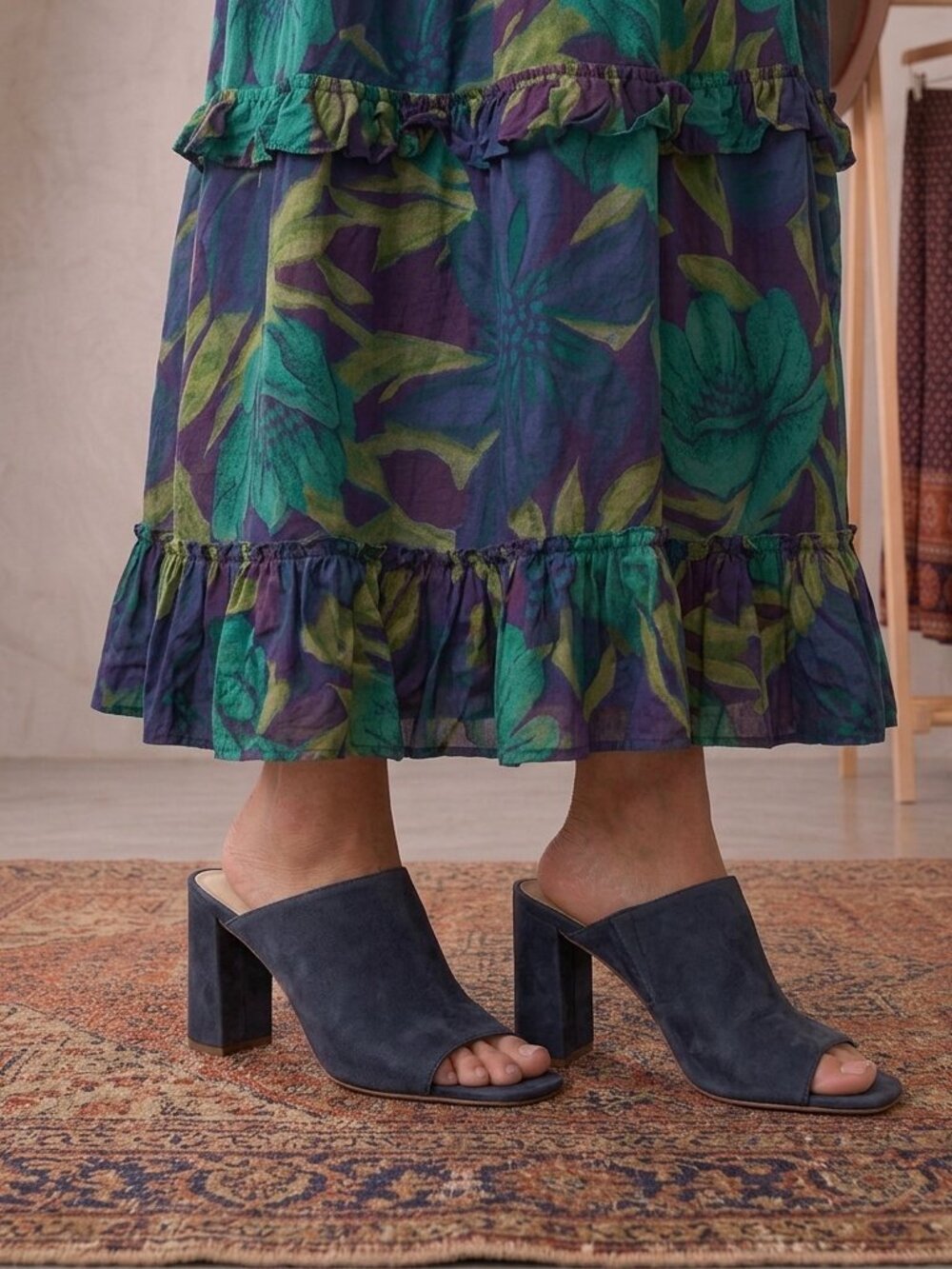 Zara Woman Shoes Mule Heels Women's Size 6.5 Blue Square Toe Slip On Faux Suede